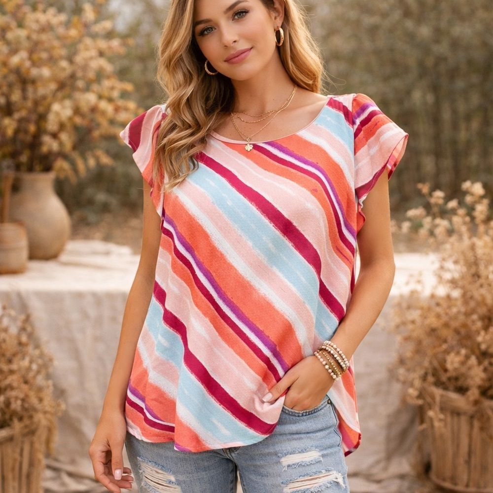 Flamingo Striped Multicolored Pattern Short Sleeve Blouse Size‎ Large Top